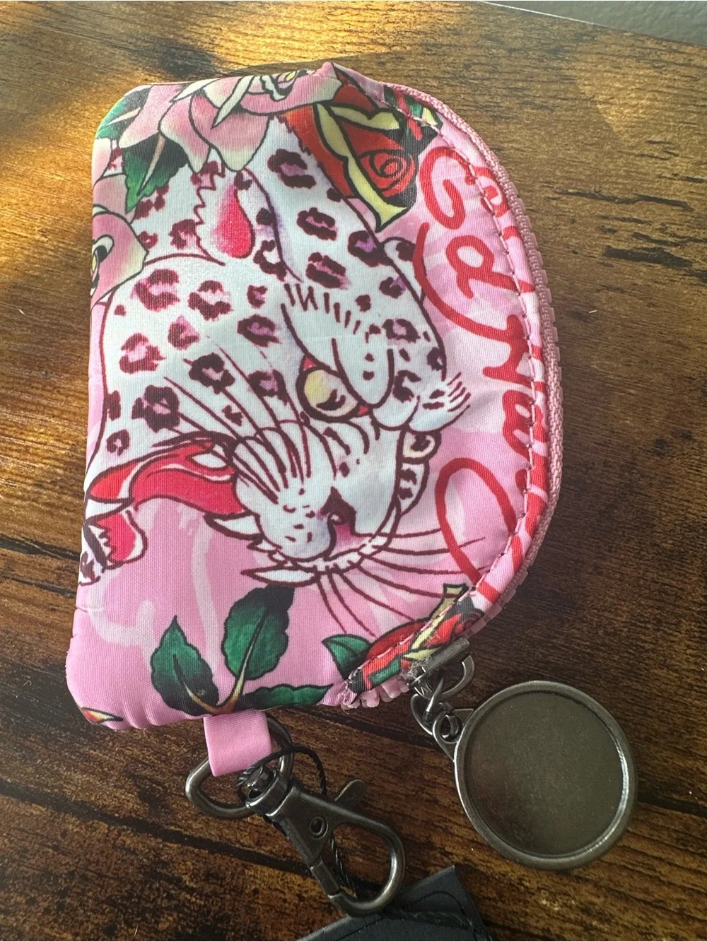 Ed Hardy Pink Leopard Coin Pouch Wallet Bag Charm Keychain Skull Zip Charm NWT